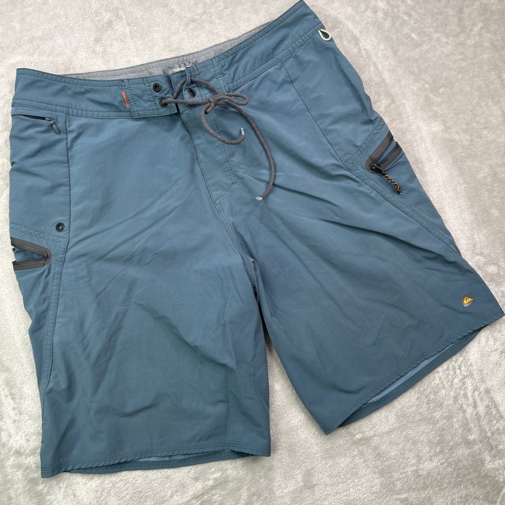 Quiksilver Waterman Collection Board Shorts Mens 32 Blue Solid Zipper Pockets 8"